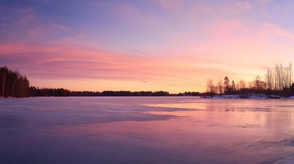 Obraz premium Serene winter sunset paints a frozen lake reflecting warm golden pink hues tranquility