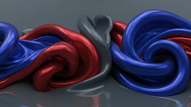 Interconnected red and blue swirling ribbons intertwined in a 3D abstract representation viewed from a slightly elevated perspective