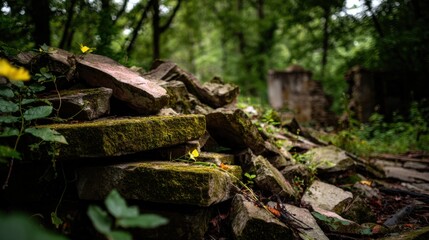 Fototapeta premium Crumbled Stone Wall Fragments in Overgrown Forest Setting