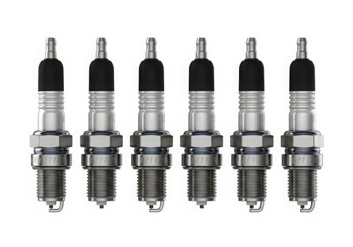 Set of six spark plugs arranged in a row for automotive use