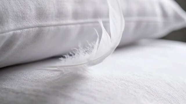 Close-up of a white pillow with a torn seam, revealing white feathers inside.