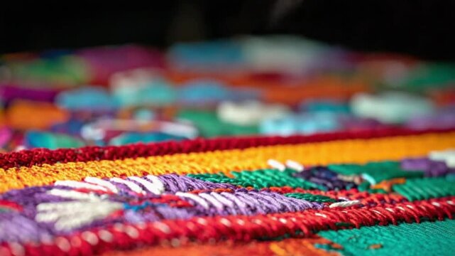 Close-up of hand embroidering colorful fabric with needle and thread, traditional textile art.