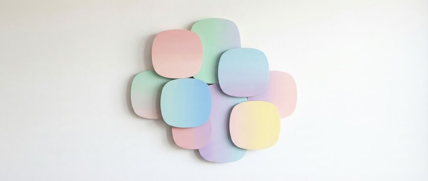A cluster of pastel-colored shapes arranged in a flower-like pattern on a plain surface, viewed from directly above with soft light.