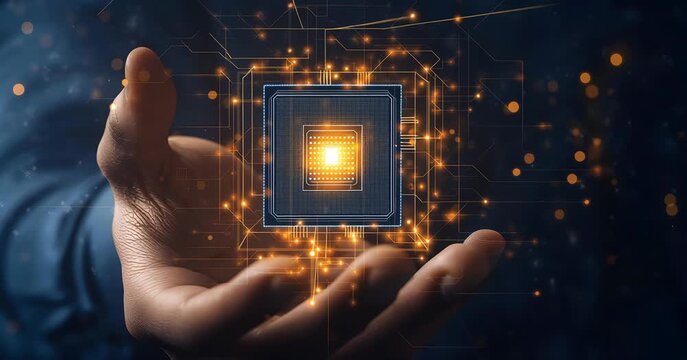 Abstract Digital Cube and Glowing Circuitry in Hand