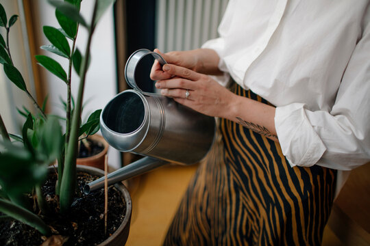 Close-up of female owner watering potted plants in coffee shop