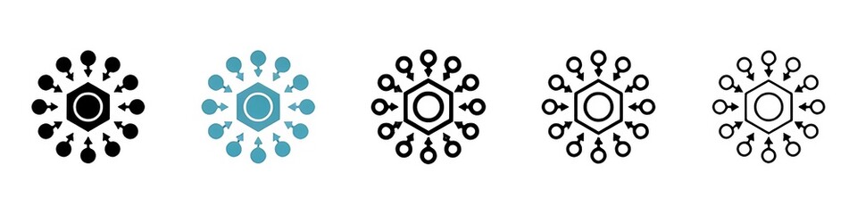 Centralized vector icon set. Focus point symbol in black and white color. Thin line customizable illustration. Contour symbol. Vector isolated outline drawing. Editable stroke
