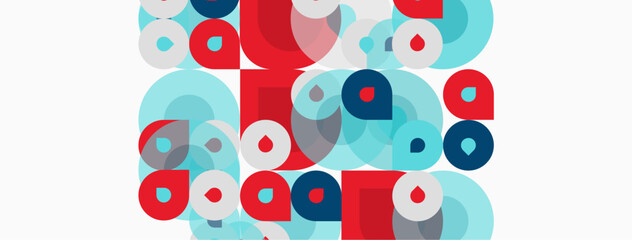 Fototapeta premium Abstract geometric pattern. Circles, squares overlap creating vibrant visual texture. Red, blue, turquoise dominate composition. Minimalist design.