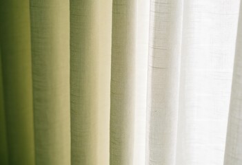 Fototapeta premium Soft sheer curtains with sunlight and green gradient tones, minimalist fabric texture background