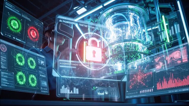 A person in a VR headset interacts with holographic displays showing AI-powered cybersecurity and threat detection systems, featuring data analysis, network security, and digital protection.