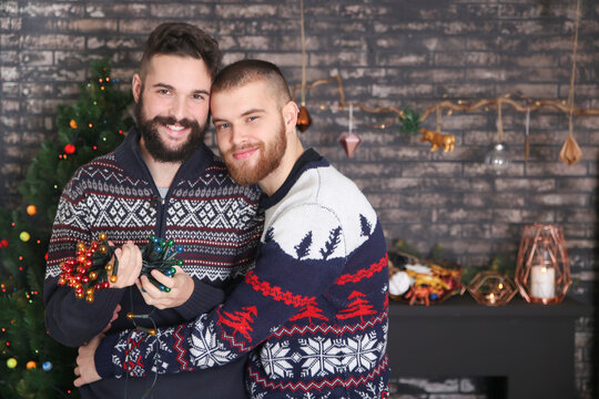 Portrait of happy gay couple with chain of lights at Christmas time