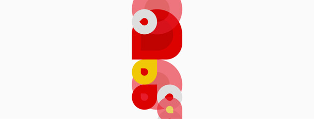 Abstract geometric shapes overlap, creating playful composition. Red, yellow, pink hues dominate white background. Minimalist design.