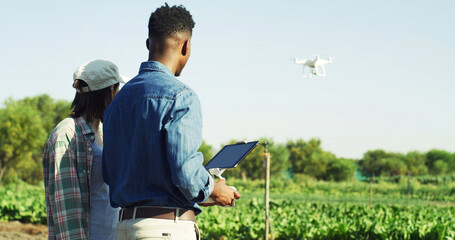 Agriculture, farm and couple with drone for field mapping, monitor crops and space in nature. Man, woman and farmer with flying tech for irrigation management, agro or vegetable growth from back © peopleimages.com