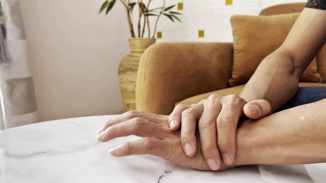 Thinking, restless, and waiting with one's hands on the table due to fear, Nervousness, reflection, and pain by closing the fingers at home due to worry, mental health and stress