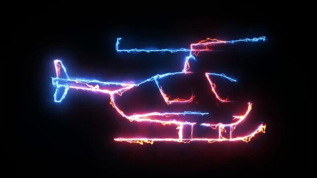 Neon helicopter outline glowing with electrical fire motion graphics