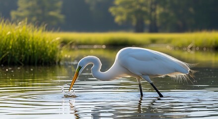 Obraz premium A white heron wades in shallow water, catching fish with its long beak