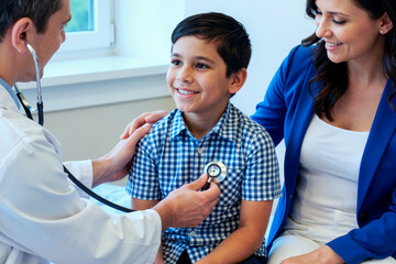 Obraz premium Caucasian boy child sitting on examination table smiling while male doctor using stethoscope on chest and Caucasian woman sitting beside supporting child during medical checkup