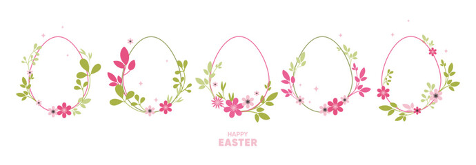Happy Easter wreath frame set with spring flowers and decorative egg shaped borders, for greeting cards, invitations, social media posts, branding, packaging, print design, promotions. Vector © Ilonka eva