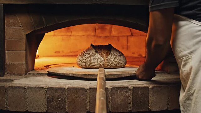 Artisan bread is placed on a baker's peel into a hot brick oven, captured from a low angle