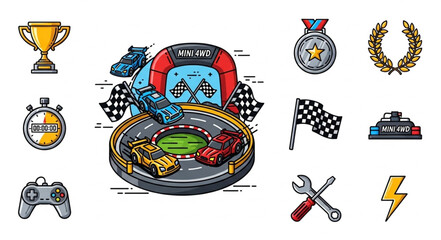 Racing game track with cars, flags, and trophy, a competitive sport. © Nabil