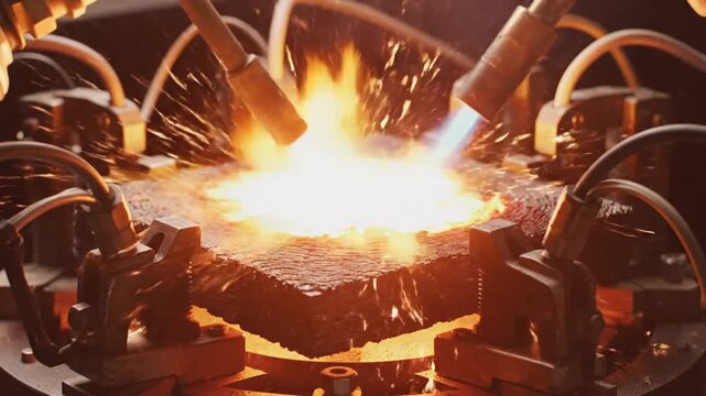 Industrial metalworking process with sparks and flames.