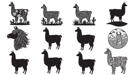 Llama silhouette and ornamental set with black alpaca icons, boho floral patterns, desert cactus scenes and line art designs © Beckham 