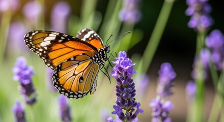 Obraz premium A vibrant Monarch butterfly delicately perches on a lavender flower spike. The butterfly’s orange and black wings are prominently displayed against the purple lavender blooms.