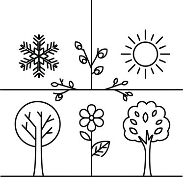 Seasonal changes illustrated with trees, flowers, snowflake and sun in four sections wqe 164