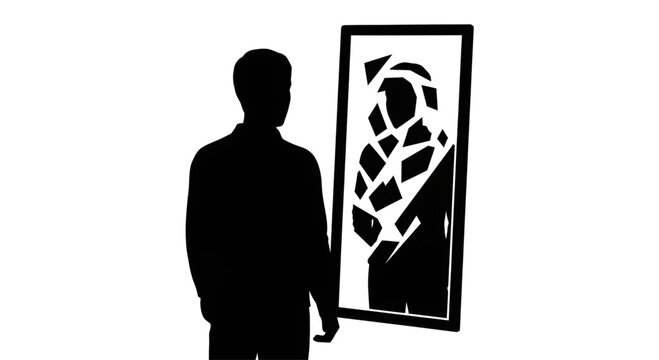 silhouette of a man looking into a rectangular mirror at a shattered and fragmented reflection of himself