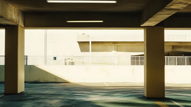 Concrete multi level parking garage with fluorescent tubes and strong sunlight creating sharp geometric shadows across the empty floor and exposed columns