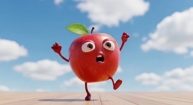 Anxious animated apple running under a clear blue cloudy sky representing comical fruit illustration