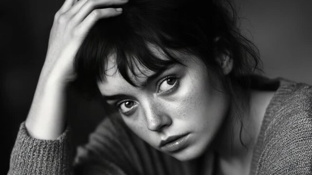 Grey-toned videograph of a young woman, hand on head, gazing off to the side with a contemplative expression.