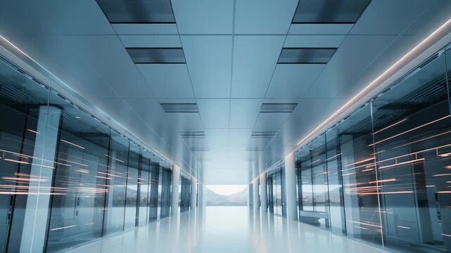 Bright futuristic laboratory or tech facility showcasing a long empty corridor with sleek glass walls, advanced server rooms, and glowing light streaks conveying data and innovation