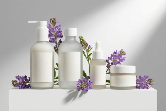 Natural bakuchiol skincare line on white podium with flowers