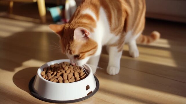 Cat eating from food bowl indoors.