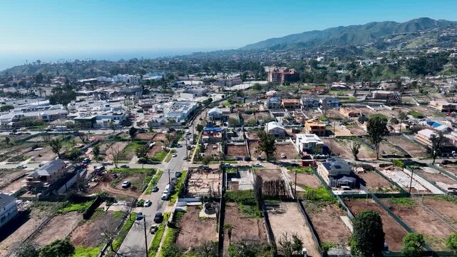 Dramatic scale and aftermath of 2025 Palisades Fire, a devastating California wildfire that tore through the Santa Monica Mountains of neighborhood homes, aerial landscape view