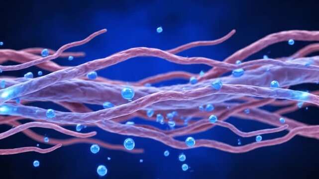 Microscopic view of biological cellular structures, showcasing intricate network of fibers and fluid-filled spheres in vibrant colors