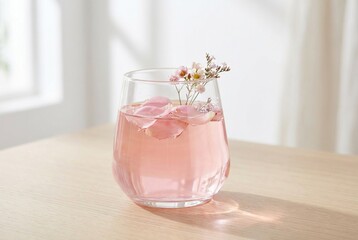 Elegant Pink Floral Drink with Rose Petals in Glass