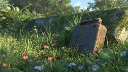 Tarnished Metal Canteen Lies Forgotten Amidst Overgrown Tall Grass and Wildflowers