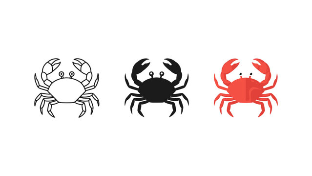Three cartoon crabs isolated on white background, vector illustration, seafood, marine life icons