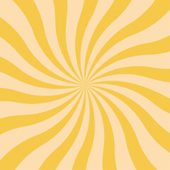 Retro yellow background with vintage circus sunburst. Psychedelic colorful swirl poster, abstract pattern in 70s carnival style. Hypnotic sunburst vector illustration.