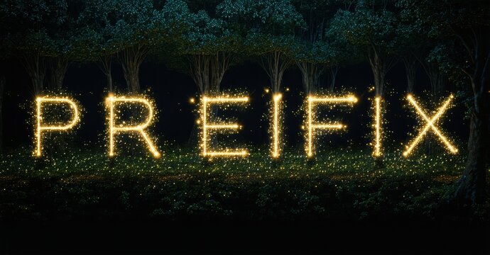 Dark forest scene. Golden text spells PREFIX. Fireflies illuminate foreground, creating magical atmosphere. Trees fade into distance.