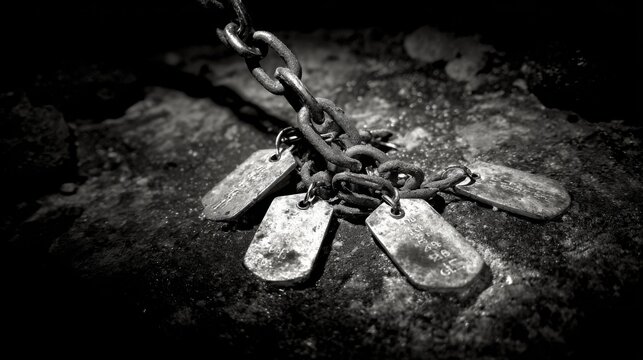 Tarnished Military Dog Tags Dangling From a Broken Chain on a Textured Surface