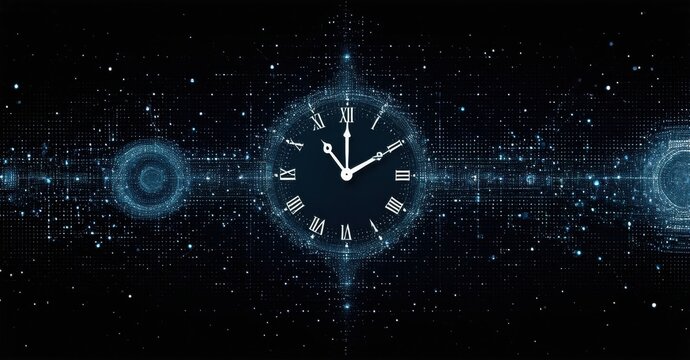 Dark background features clock face, roman numerals, glowing particles. Digital lines extend from circular elements. Time concept visualized.