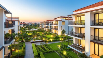 Obraz premium Luxurious residential complex with meticulously landscaped gardens.