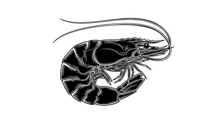 shrimp with curled body and antennae, symbolizing seafood, marine life, and culinary art sketch engraving generative ai vector illustration. Scratch board imitation.