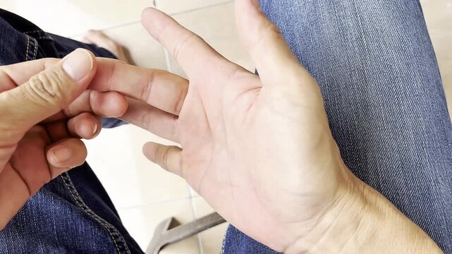 An Asian adult male experiences a locked finger and difficulty returning it to its normal position, experiencing pain and discomfort. Trigger finger.