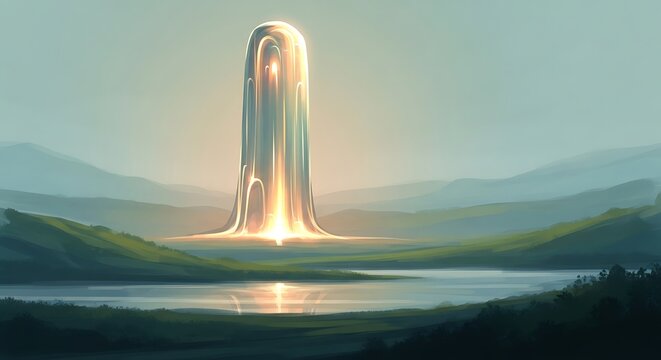 A serene landscape with a glowing, abstract structure above a reflective lake, viewed from a distance in a peaceful environment jph (632).jpg
