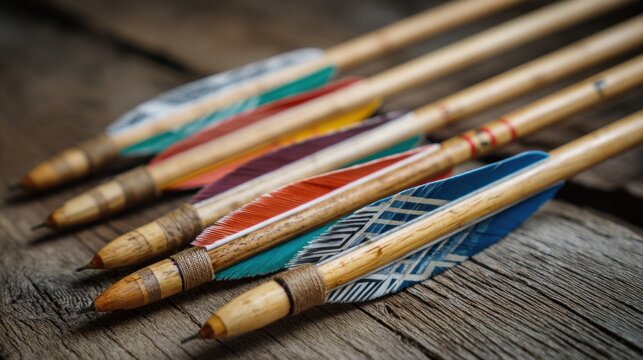 Close-up of a set of traditional wooden archery arrows with vibrant, colorful fletching and detailed patterns on a rustic wooden surface.