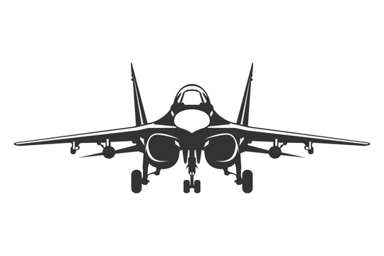 Silhouette MiG-29 military aircraft design from front view. Vector illustrations MiG-29 fighter jet in black and white color from ahead. Monochrome drawing Soviet era combat aeroplane MiG-29.