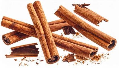 The image shows fragrant cinnamon and star anise sticks separated against a white background